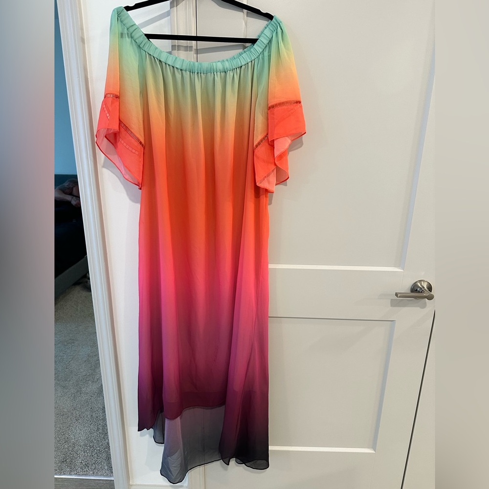 Trina Turk Off-Shoulder Ombre High-Low Dress in Mint, Coral, Pink & Purple